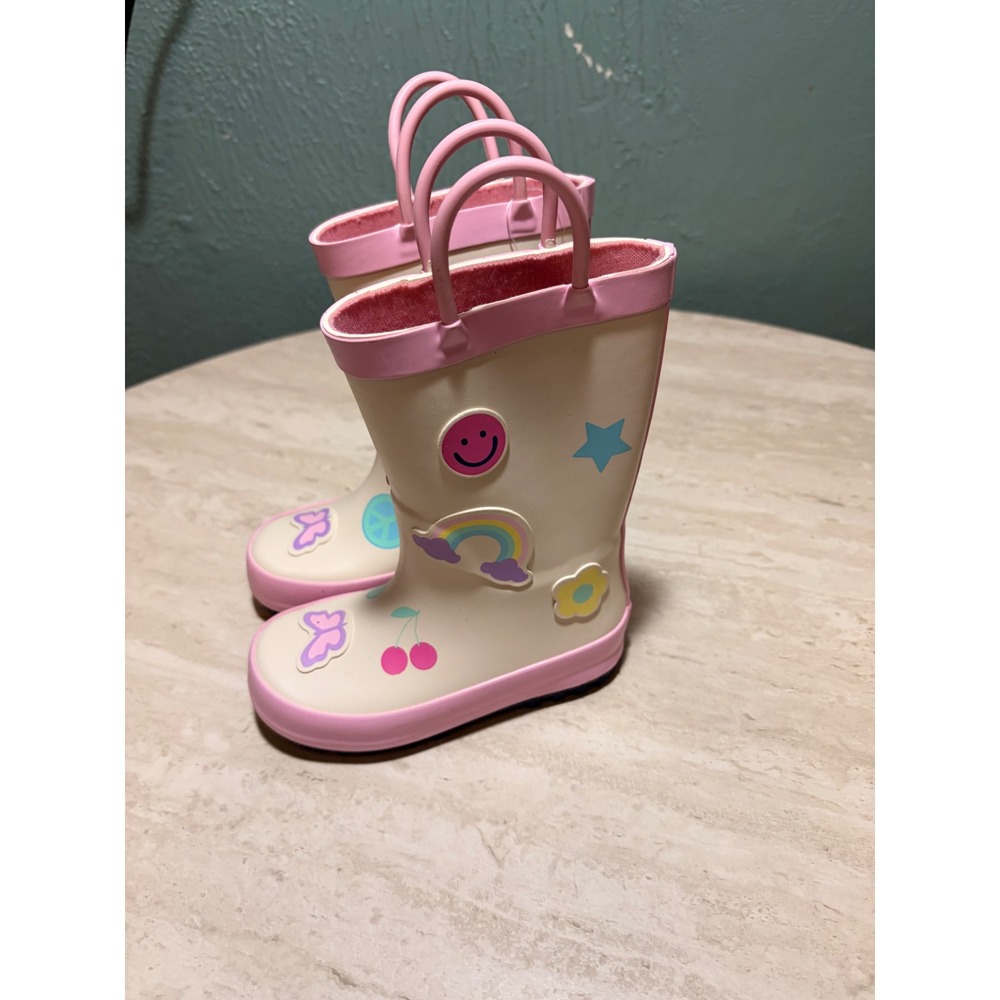 Cat & Jack Toddler Girls Pink Cream Rain Boots Rainbow Smiley Pull On Size 7 NEW